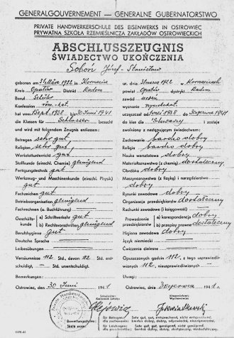 wiadectwo ukoczenia szkoy z 1941r. wydane w jzyku polskim i niemieckim